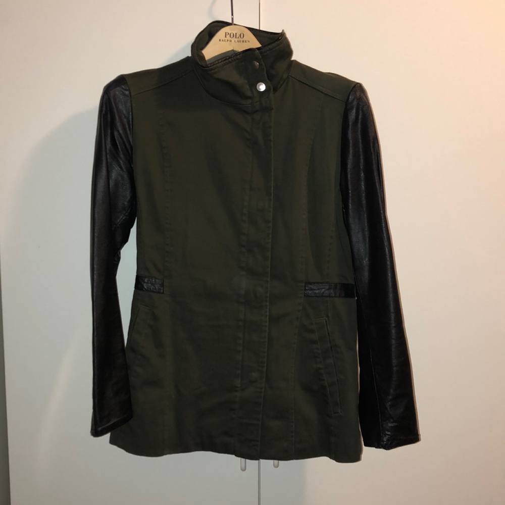 Green jacket with faux leather sleeves